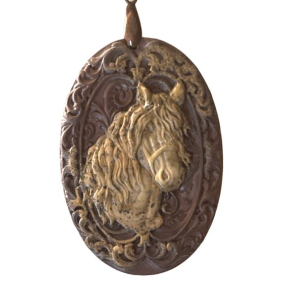 Handcrafted Brown (plum tint) & Cream Jasper Beaded Necklace with Horse Pendant - Picture 3 of 9